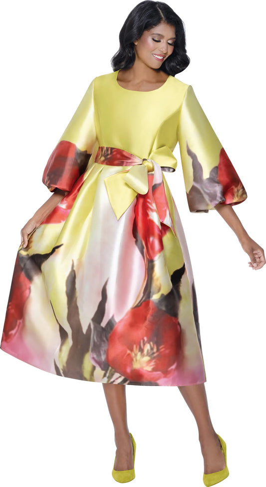 Dress By Nubiano 100221 With Yellow background and Rose Print - available in size 10 only
